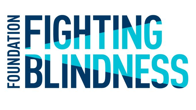 Foundation Fighting Blindness logo which consists of the writing in all capital letters in dark blue and medium turquoise on a white background with the colors arranged to give the impression of a beacon of light and hope